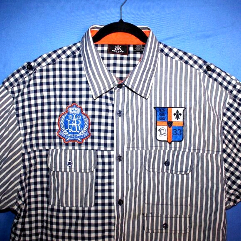 Red Ape Patchwork Button Down Shirt Blue Gray 2XL - image 6